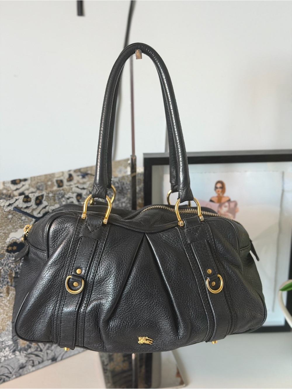 Burberry Black Leather Shoulder Tote Bag Nova Check Lining Authenticated